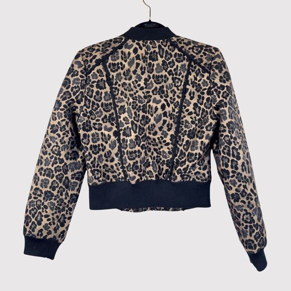 Cache Womens Jacket Brown Leopard Wool Full Zip Bomber Cropped Stretch Medium - Picture 2 of 11